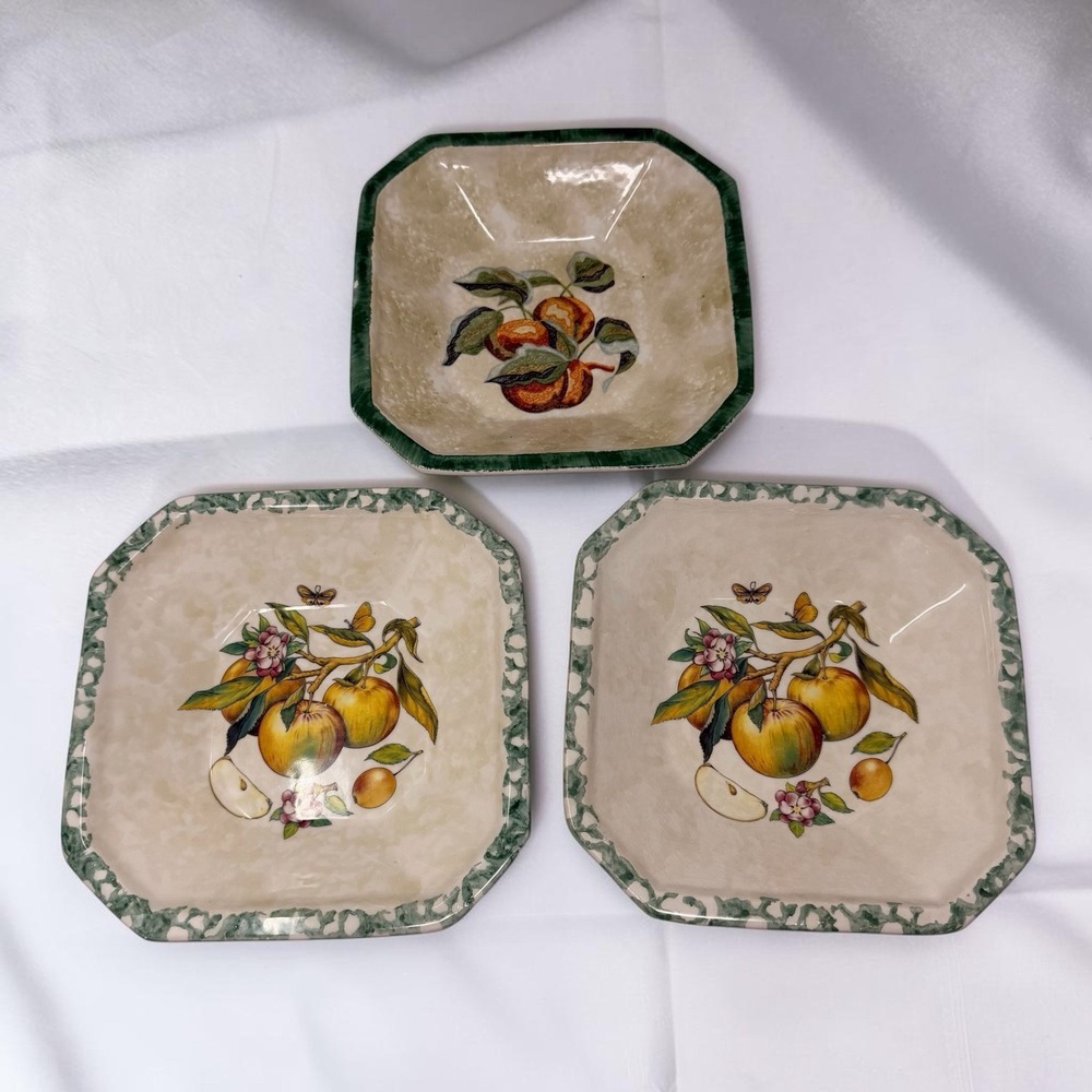 Vintage Himark Italy Apple Fruit Ceramic Plates & Bowl Set of 3 Green Sponge